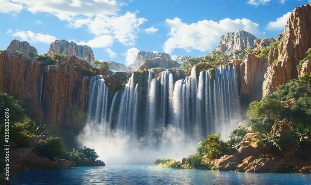 Naklejka premium Majestic waterfall cascading down rocky cliffs into a serene pool, sunny day, lush vegetation. Use travel brochure