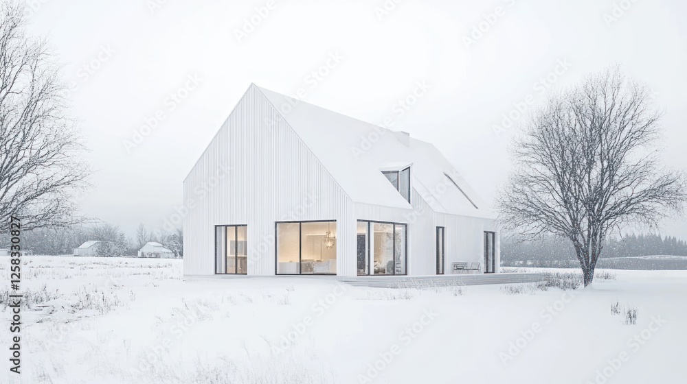 A modern white house surrounded by a snowy landscape, showcasing minimalist architecture and serene winter scenery, evoking a sense of calm and tranquility. A modern white house surrounded by a snowy landscape, showcasing minimalist architecture and serene winter scenery, evoking a sense of calm and tranquility.