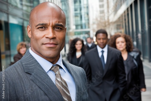 Professional group in business attire walking through urban environment during daylight hours
