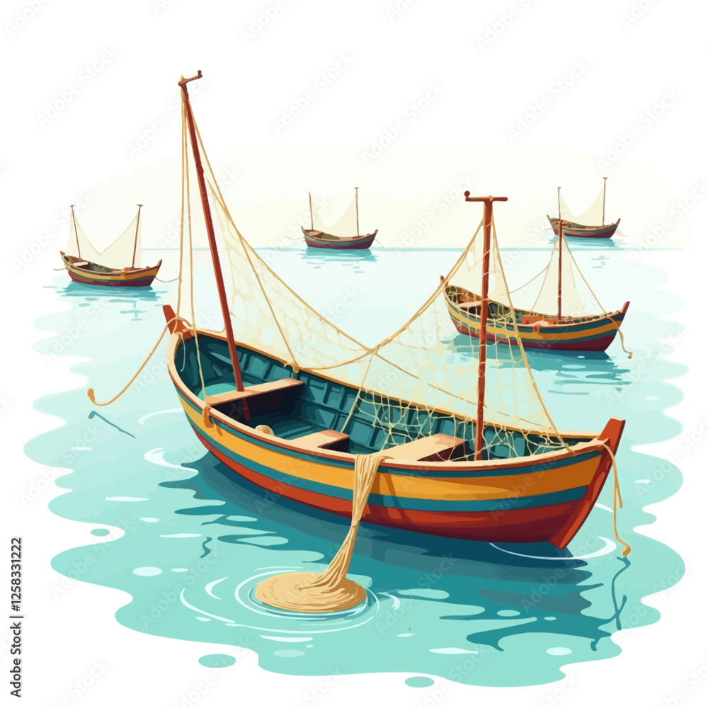 Fishing boats, vessels filled with nets. These boats used for the sea, ocean and fishing industry symbolize seafood production and fishing activities. vector illustration. Fishing boats, vessels filled with nets. These boats used for the sea, ocean and fishing industry symbolize seafood production and fishing activities. vector illustration.