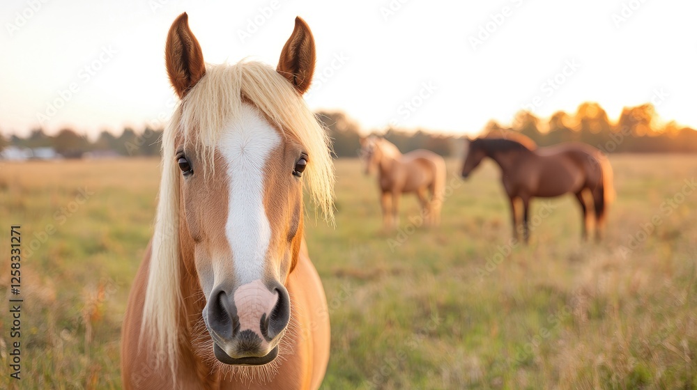 Obraz premium Palomino horse in pasture sunset, other horses background, rural scene, stock photo