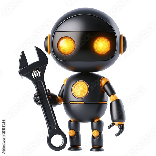 Cute 3D black robot with golden eyes holding adjustable wrench in side view isolated on white background