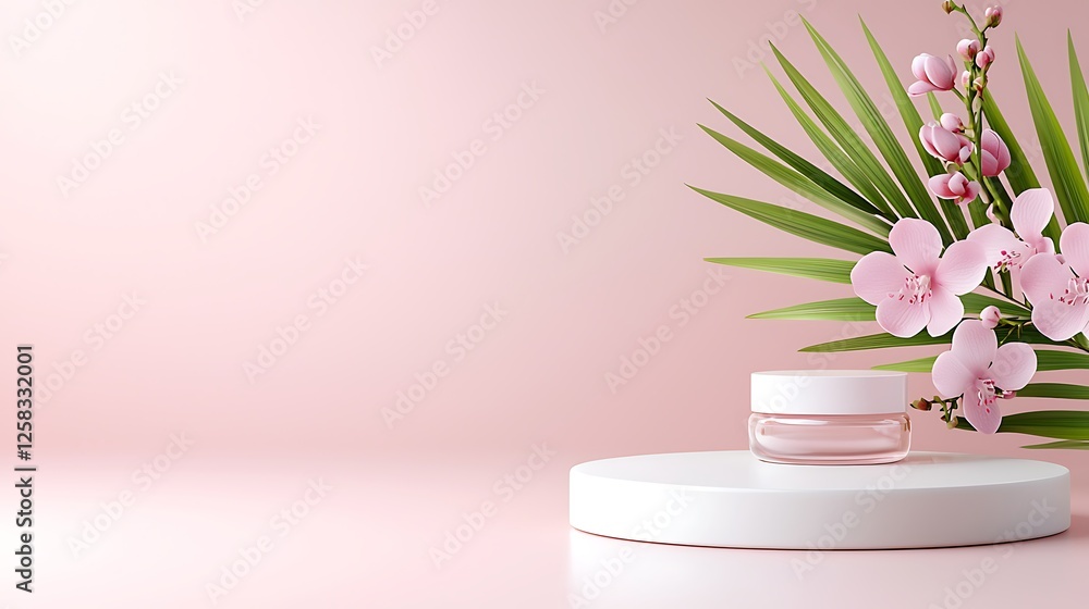 Pink Cosmetic Product Display With Orchids And Tropical Leaves Pink Cosmetic Product Display With Orchids And Tropical Leaves