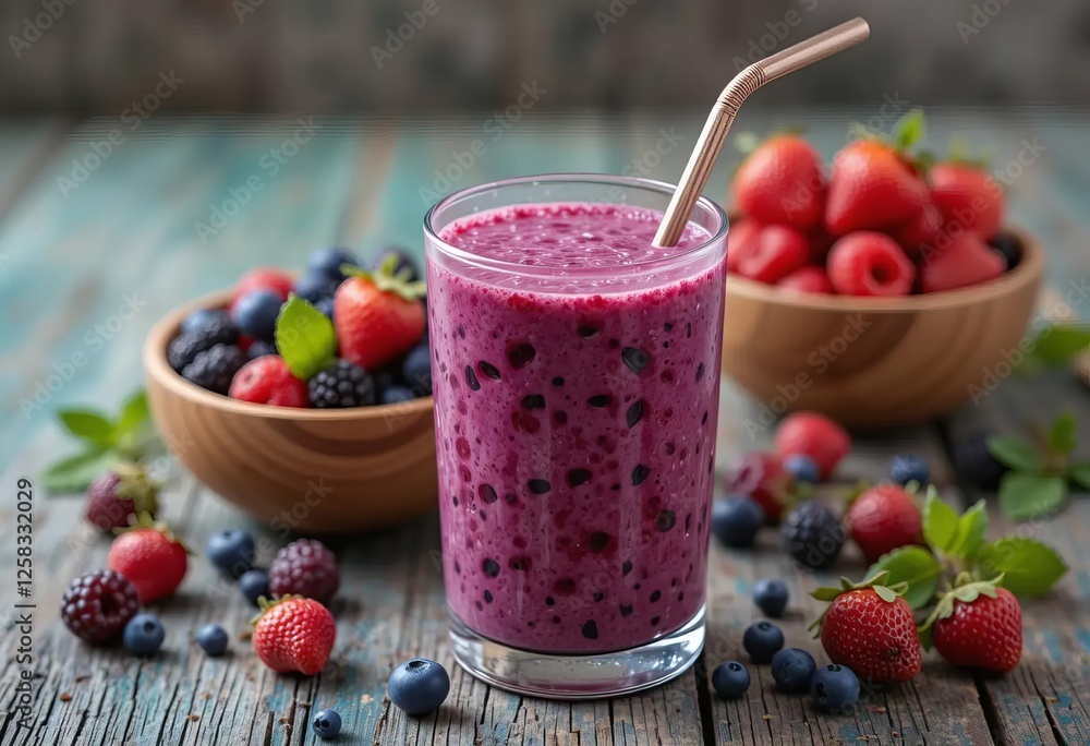 A vegan smoothie with a metal straw and a wooden bowl filled with berries in the background A vegan smoothie with a metal straw and a wooden bowl filled with berries in the background