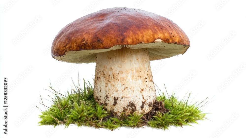 King Bolete mushroom in grass, isolated on white, for food or nature websites King Bolete mushroom in grass, isolated on white, for food or nature websites