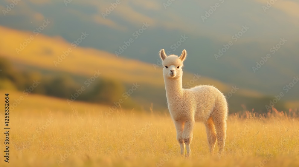 Obraz premium Fluffy Baby Animal In Golden Field At Sunset