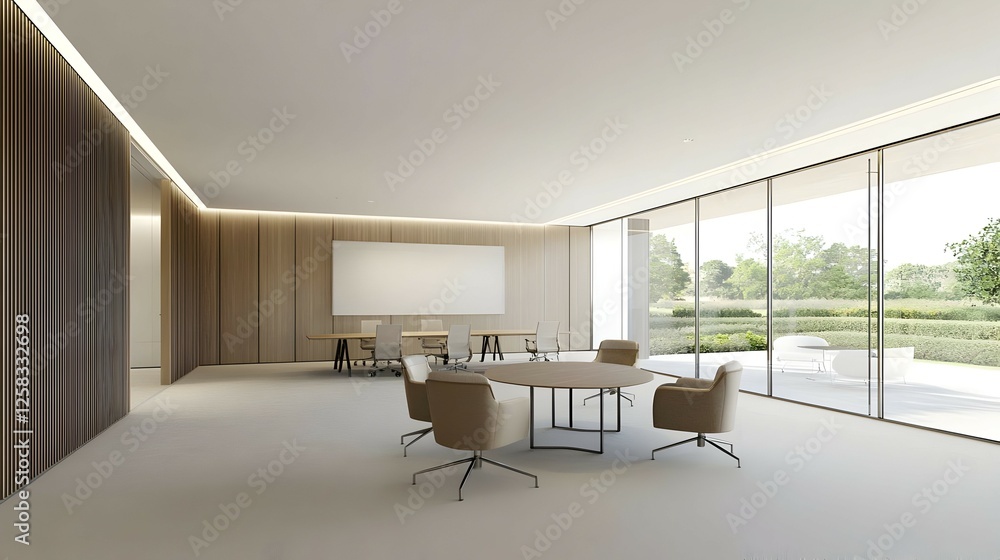Fototapeta premium Modern Meeting Room With Light Beige Walls And Wooden Accents
