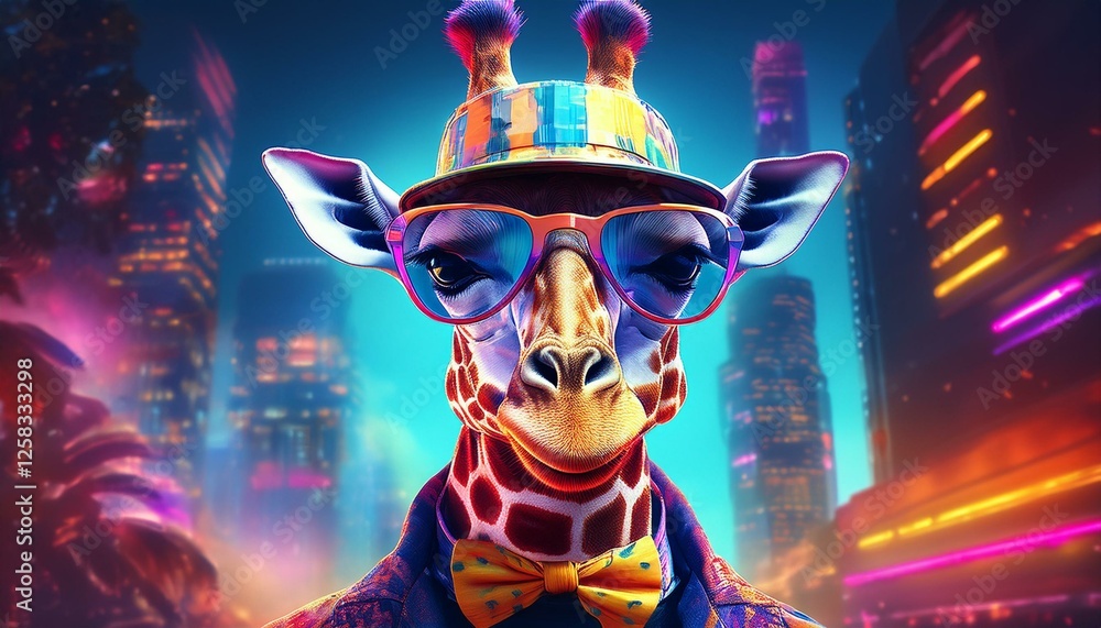 Fototapeta premium 未来派デジタルキリン 概要- 未来的な都市背景やホログラムのエフェクトをバックに、スリムで洗練されたキリンが、モダンなデザインのハット、デジタル風サングラス