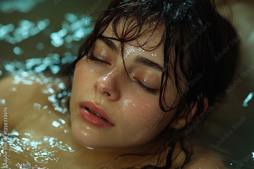 Woman relaxing in bath, water droplets, calm background, spa treatment Woman relaxing in bath, water droplets, calm background, spa treatment