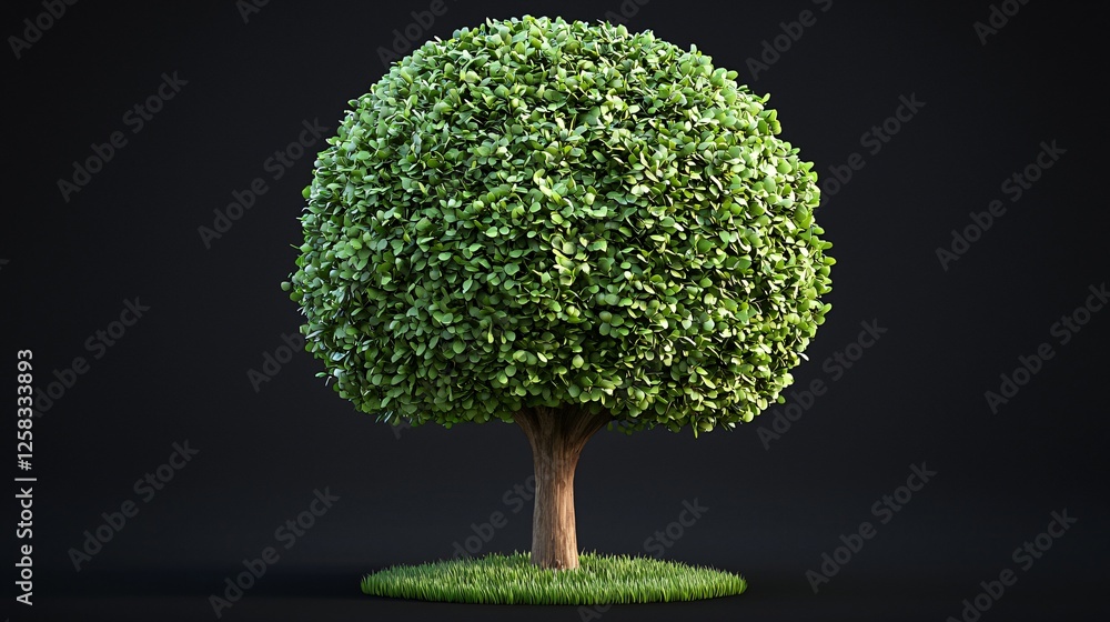 Lush green tree, dark background, isolated, nature, landscaping Lush green tree, dark background, isolated, nature, landscaping