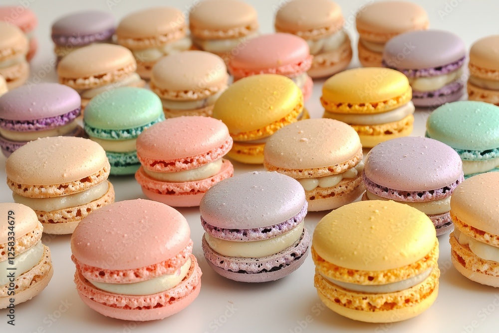 A delectable collection of colorful macarons on a pristine white surface, showcasing a wide range of delightful pastel shades and delicate textures, perfect for a dessert display. A delectable collection of colorful macarons on a pristine white surface, showcasing a wide range of delightful pastel shades and delicate textures, perfect for a dessert display.