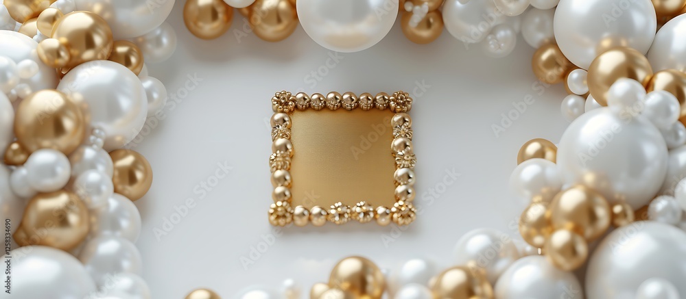 Luxurious white and gold balloon frame with pearls, centered golden square for text. Perfect for high-end presentations on a white backdrop. Luxurious white and gold balloon frame with pearls, centered golden square for text. Perfect for high-end presentations on a white backdrop.