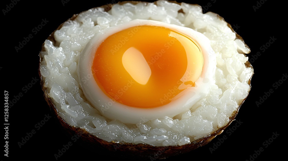 Rice ball with egg yolk, close-up shot, black background, food photography Rice ball with egg yolk, close-up shot, black background, food photography