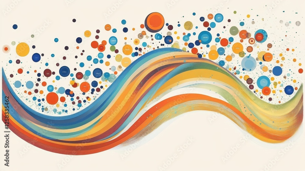 Fototapeta premium Abstract chromatic wave with circular data points for visual analysis