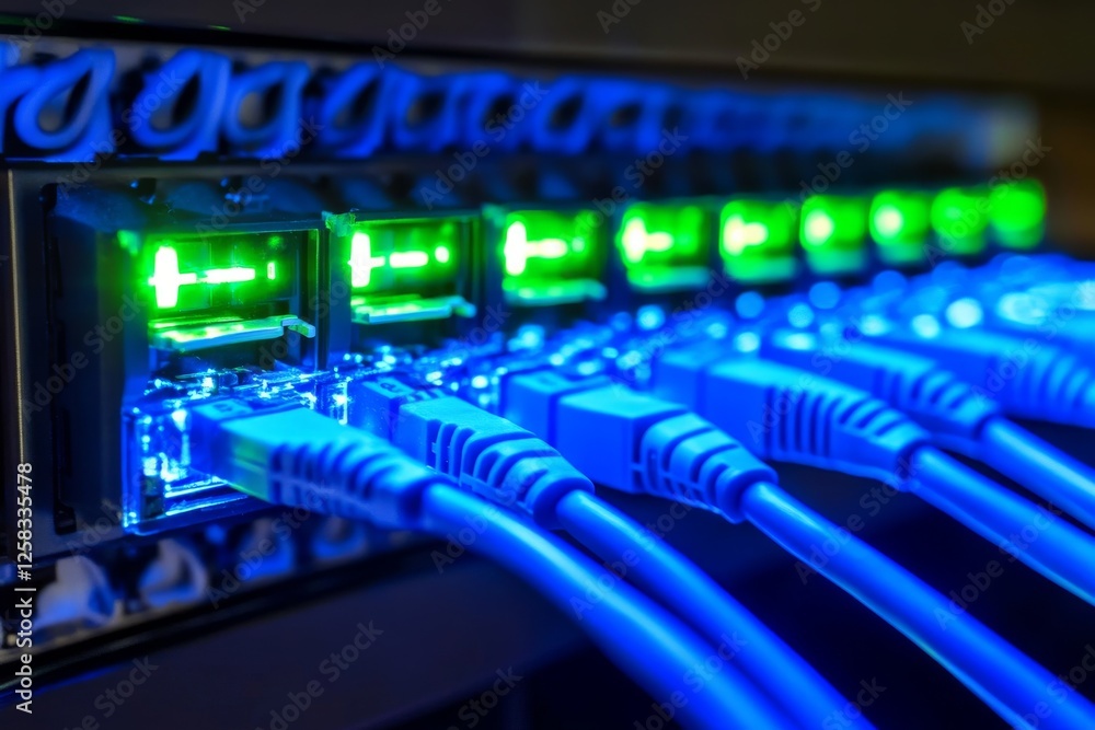 Network Switch with Connected Ethernet Cables, High-Tech Data Center Infrastructure Network Switch with Connected Ethernet Cables, High-Tech Data Center Infrastructure