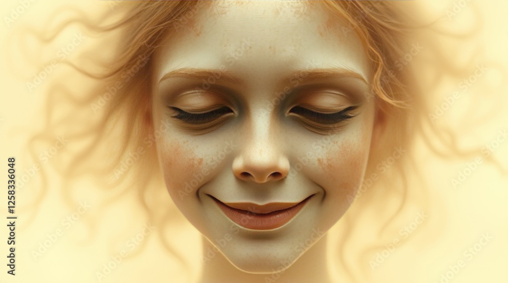 Junge Frau mit geist artigem Gesicht, lächelnd, mystisch, unheimlich, Augen geschlossen Junge Frau mit geist artigem Gesicht, lächelnd, mystisch, unheimlich, Augen geschlossen