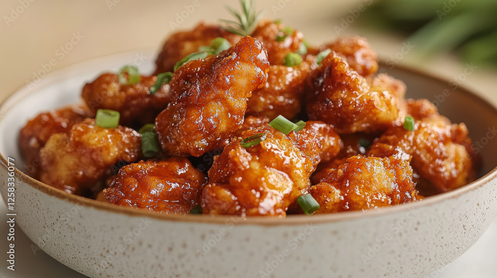 Spicy glazed chicken in a bowl with garnishing. Spicy glazed chicken in a bowl with garnishing.