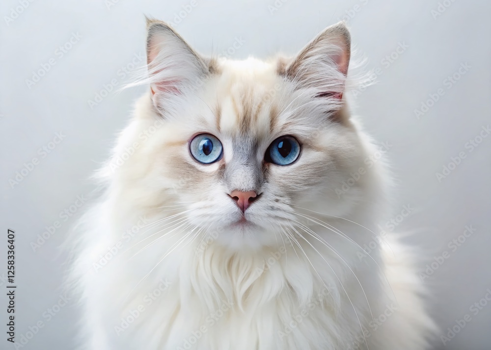 Panoramic Photo: Majestic Ragdoll Cat with Blue Eyes on Pure White Background Panoramic Photo: Majestic Ragdoll Cat with Blue Eyes on Pure White Background