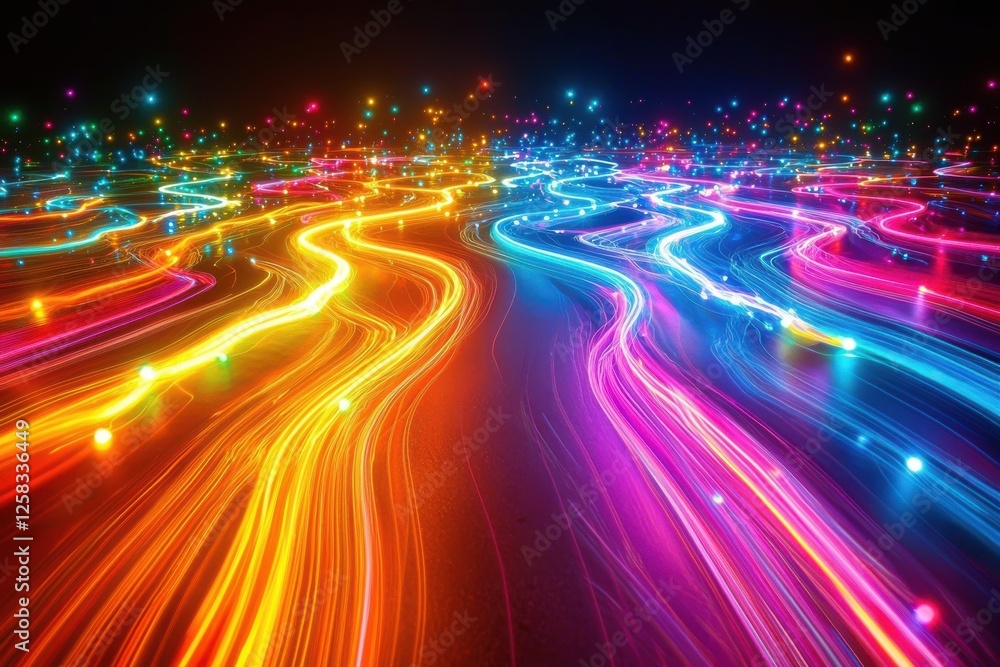 A vibrant display of colorful light streaks cascading across a dark surface, conveying dynamic movement and a sense of high speed energy in a modern abstract design. A vibrant display of colorful light streaks cascading across a dark surface, conveying dynamic movement and a sense of high speed energy in a modern abstract design.