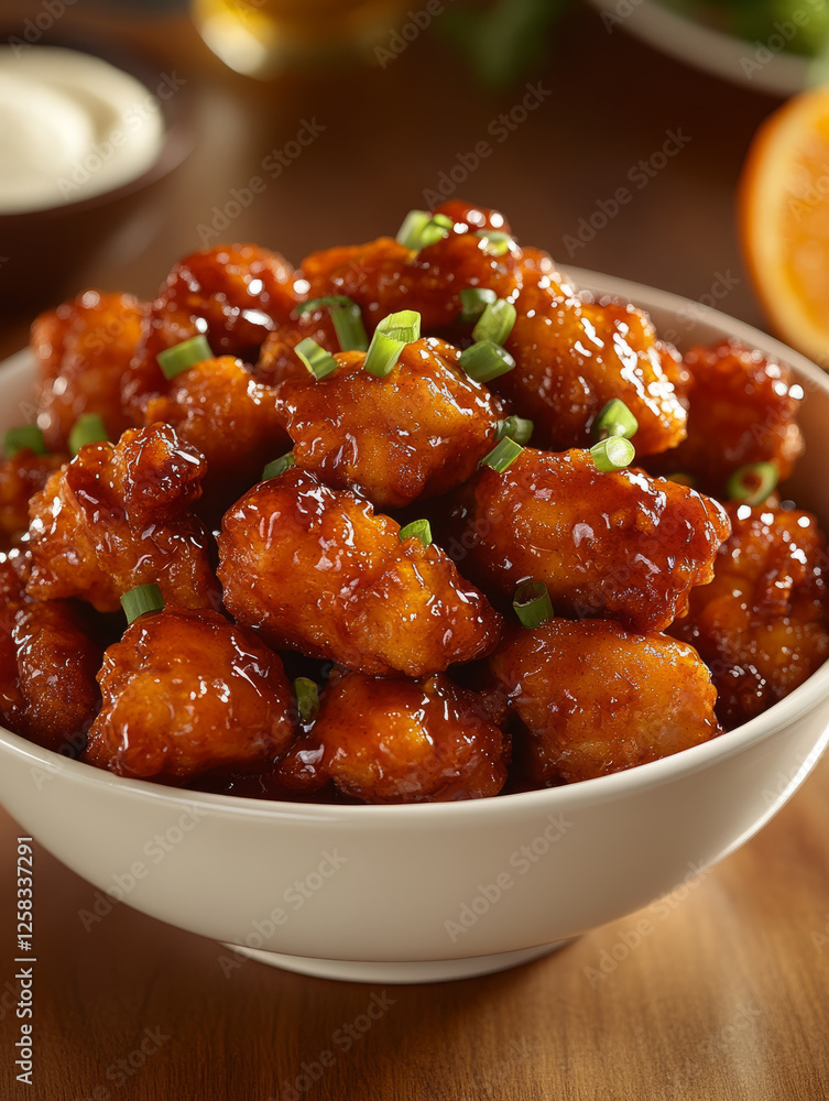 Glazed chicken pieces topped with chives in a bowl. Glazed chicken pieces topped with chives in a bowl.