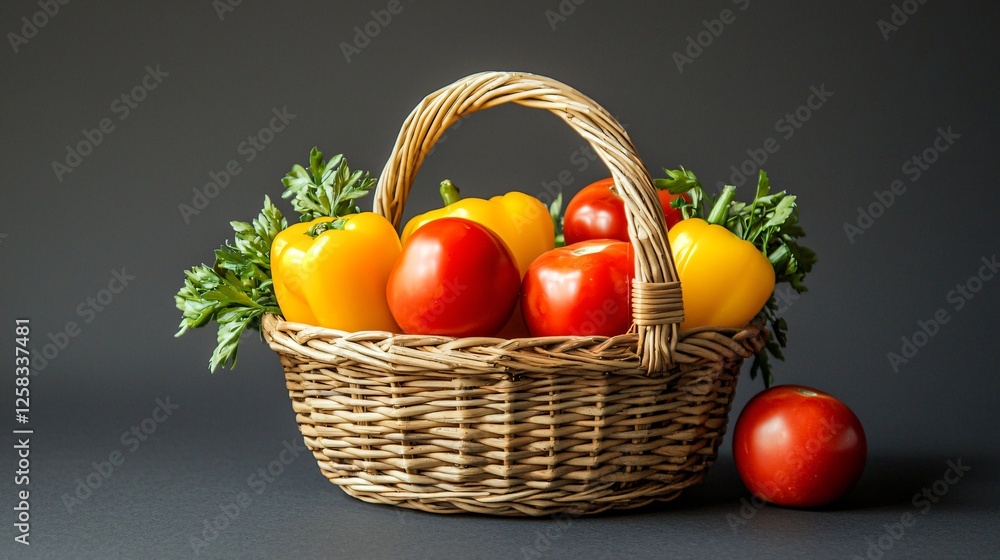 Colorful peppers and tomatoes in a wicker basket on a gray background; healthy food concept Colorful peppers and tomatoes in a wicker basket on a gray background; healthy food concept