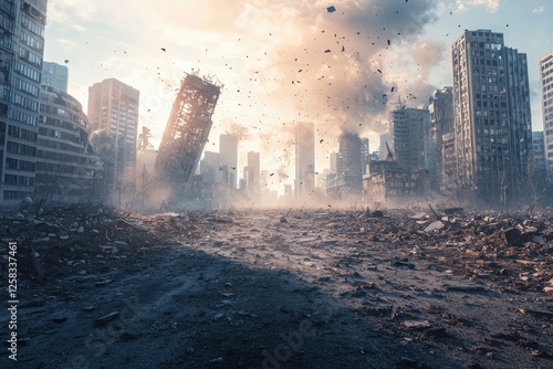 A desolate cityscape scarred by destruction, showcasing collapsed buildings and debris-strewn streets, under a hazy, smoke-filled sky during the daytime.