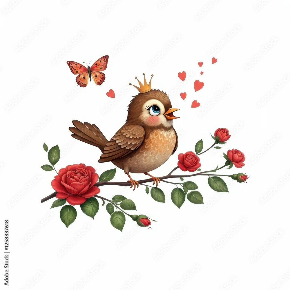 Fototapeta premium A whimsical illustration of a playful brown bird singing while perched on a blossoming branch