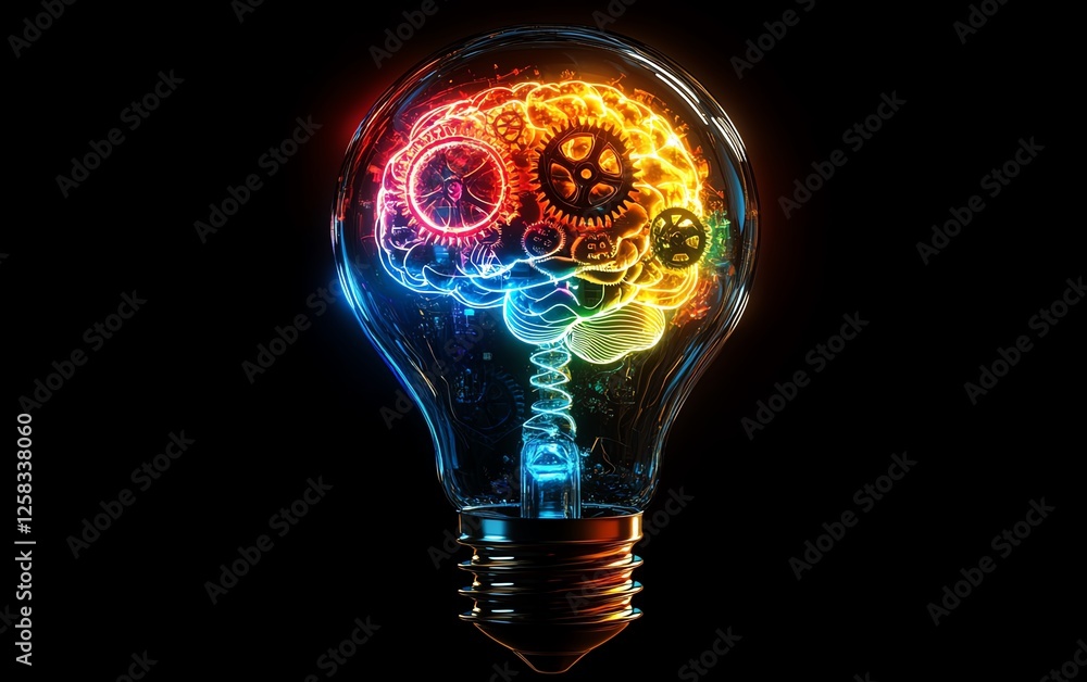 Light bulb with gear brain, symbolizing innovative thinking, creative process, modern and vibrant digital illustration Light bulb with gear brain, symbolizing innovative thinking, creative process, modern and vibrant digital illustration
