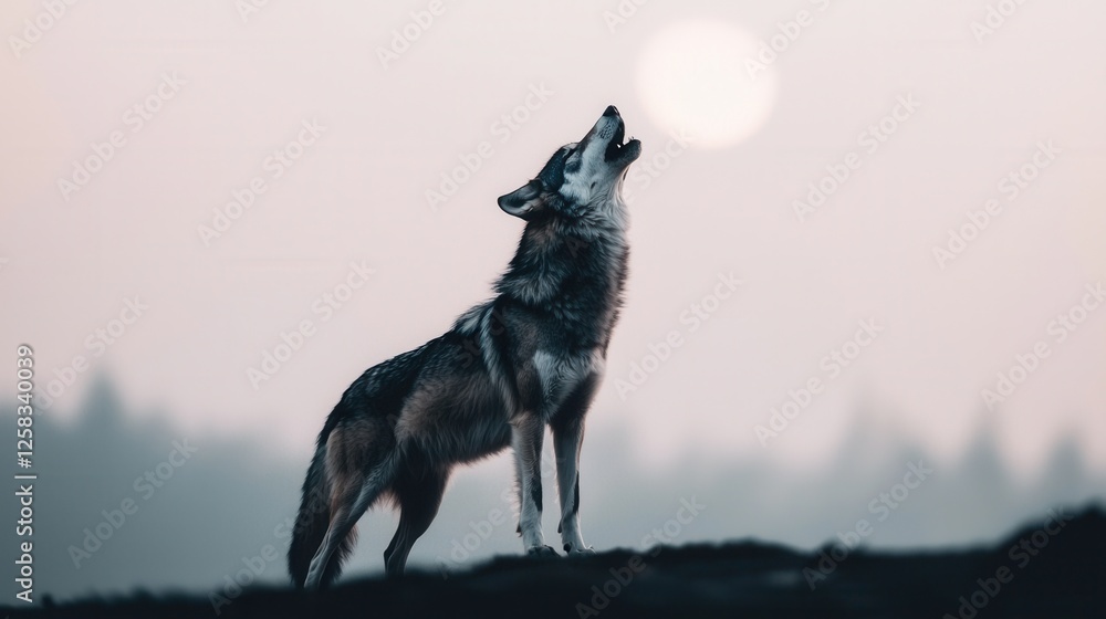Howling Wolf Against Soft Sunrise Background in Misty Landscape Howling Wolf Against Soft Sunrise Background in Misty Landscape