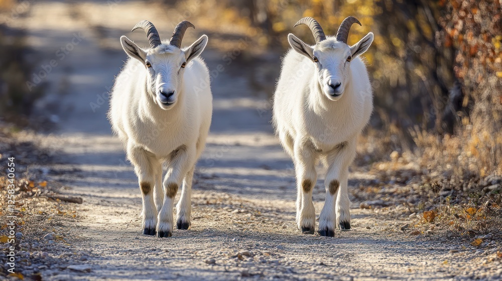 Two white mountain goats walking on a path. Two white mountain goats walking on a path.