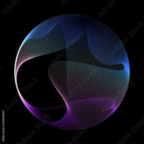 Abstract vector round shape of wavy lines flowing smooth curve colorful spectrum light on black background in concept of technology, science, music, modern.