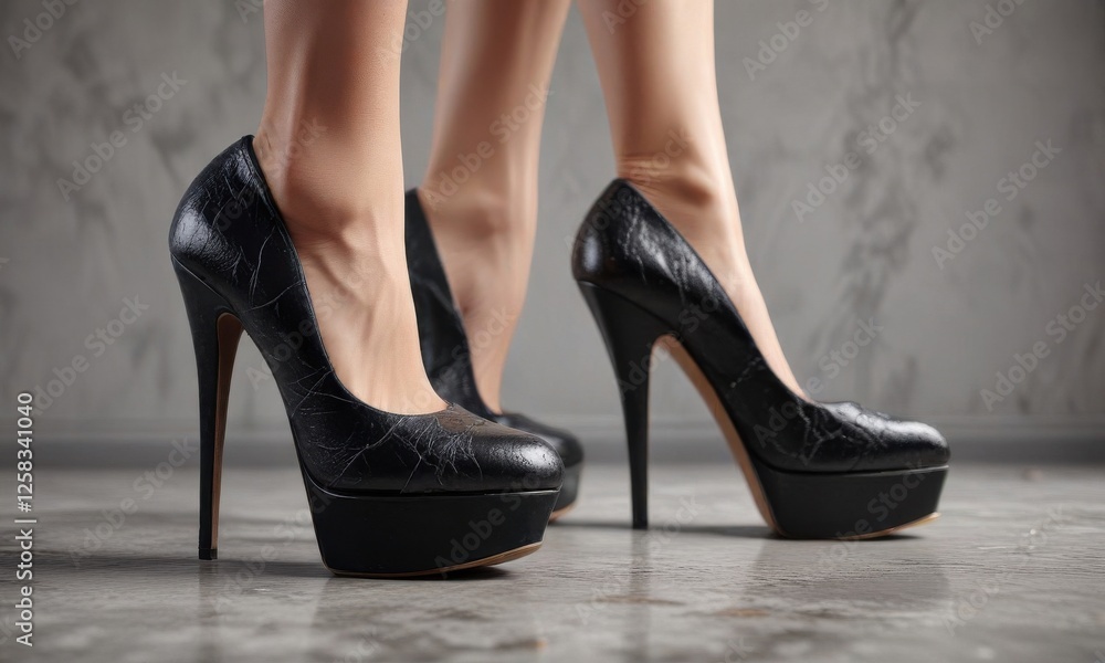 High-heeled pumps with cracked soles, high heeled pump, footwear damage, shoe crack High-heeled pumps with cracked soles, high heeled pump, footwear damage, shoe crack
