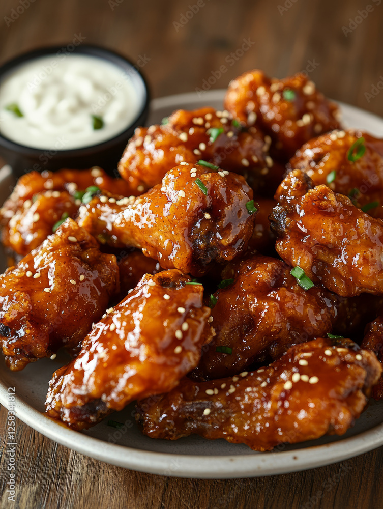 A plate of glazed buffalo chicken wings with dipping sauce. A plate of glazed buffalo chicken wings with dipping sauce.