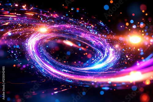 Mesmerizing swirl of quantum particles and energy flow in a cosmic whirlpool, depicting the dynamic motion of light and matter in an abstract, futuristic design