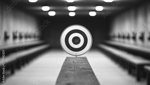 A black and white vector illustration of an air pistol target in the center with focus on it,