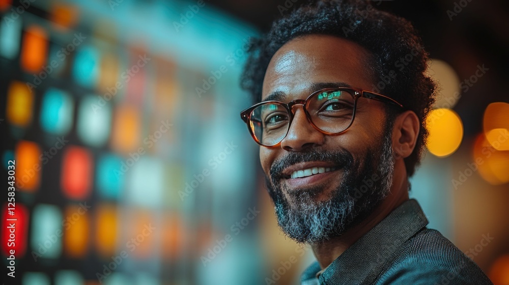 Smiling man glasses bokeh background happy Smiling man glasses bokeh background happy