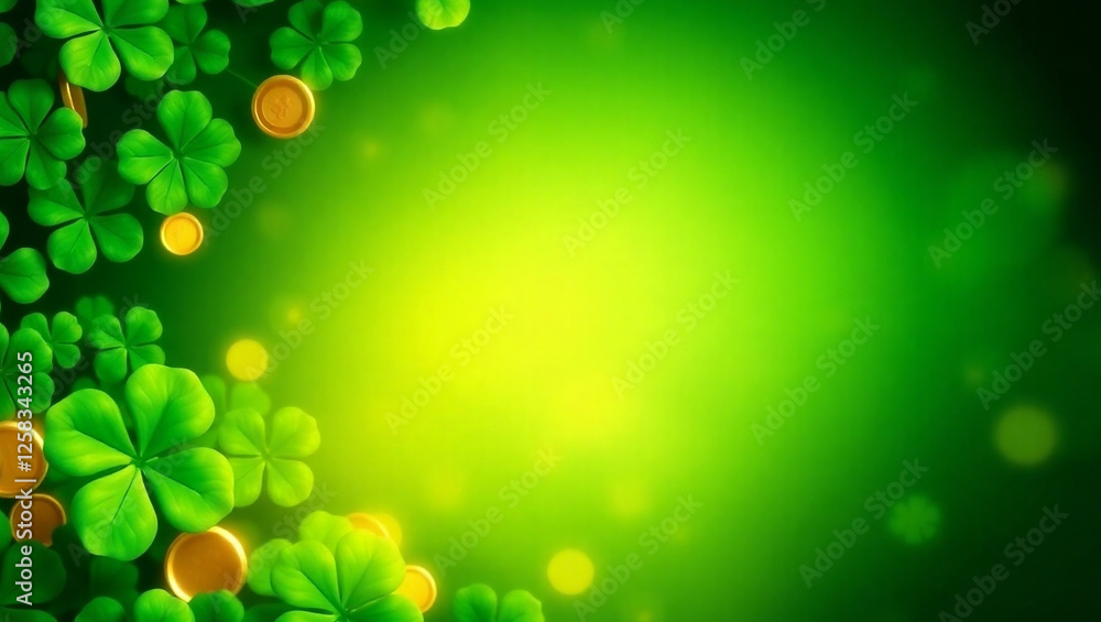 A vibrant St. Patrick’s Day-themed background featuring lush green shamrocks, glowing golden coins, and deep emerald gradient. celebrations or festive designs. copy space for text. A vibrant St. Patrick’s Day-themed background featuring lush green shamrocks, glowing golden coins, and deep emerald gradient. celebrations or festive designs. copy space for text.