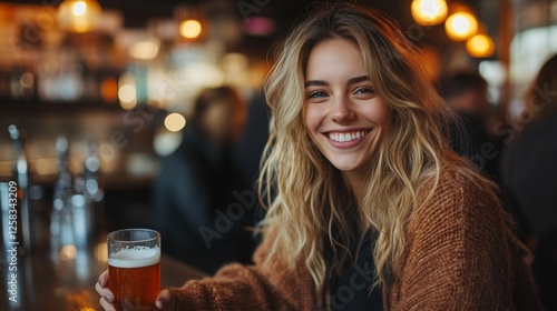 Smiling woman enjoys amber drink pub setting