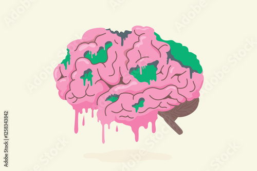 Pink brain rot and melting down . Concept illustration about deterioration of a person's mental, loss concentration, OCD, or intellectual state result of overconsumption of material.