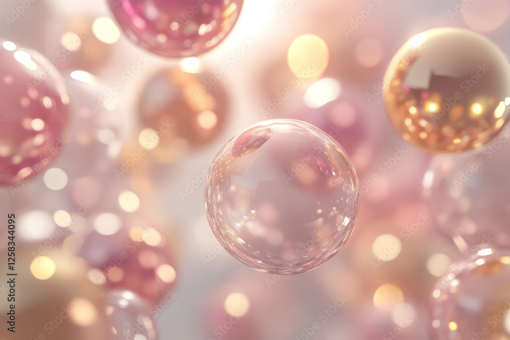 tumbling transparent spheres, gently reflecting soft pink and gold hues, creating a whimsical, dynamic effect. tumbling transparent spheres, gently reflecting soft pink and gold hues, creating a whimsical, dynamic effect.