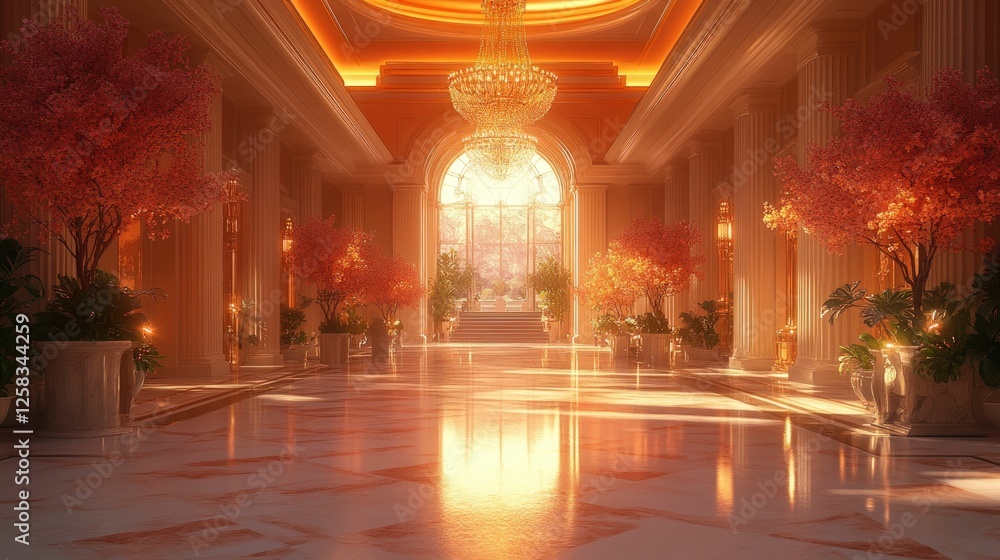 Sunlit grand hall, elegant architecture, blossoming trees. Sunlit grand hall, elegant architecture, blossoming trees.