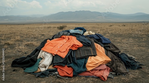 Pile of Abandoned Clothes on a Distant Mountain Landscape photo