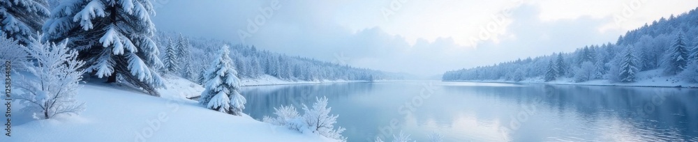 Icy landscape with snow-covered trees and a frozen lake , winter, icy, forest Icy landscape with snow-covered trees and a frozen lake , winter, icy, forest