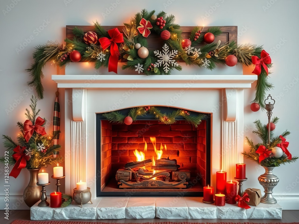 Christmas wreath hanging on a rustic wooden wall above a crackling fireplace adorned with glowing candles, holiday season, festive, wall decor Christmas wreath hanging on a rustic wooden wall above a crackling fireplace adorned with glowing candles, holiday season, festive, wall decor