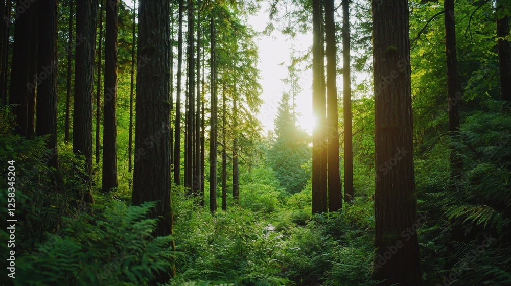 Fototapeta premium Serene Forest Pathway with Sunlight Streaming Through Trees