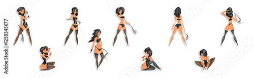 Sexy Woman Character in Black Leather Lingerie Vector Set