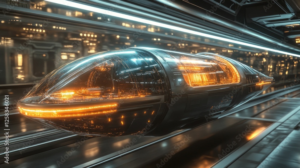 Fototapeta premium Futuristic vehicle glides through glowing city tunnel