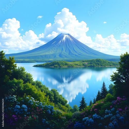 Serene landscape of mount fuji with clear lake and lush greenery on a sunny day