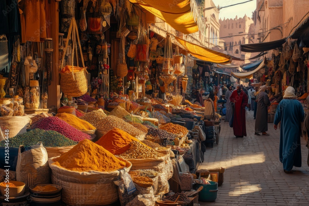 Obraz premium Marketplace stalls overflowing with colorful spices and herbs