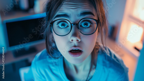A surprised woman wearing glasses and a shirt, generative AI